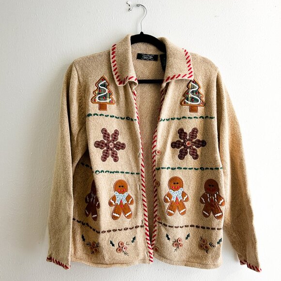 VINTAGE Crystal Kobe Ramie & Cotton Knit w/Christmas Cookie Appliqué Cardigan - Picture 3 of 12